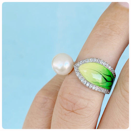 Fresh Water Pearl and Green Enamel Leaf Ring in Sterling Silver