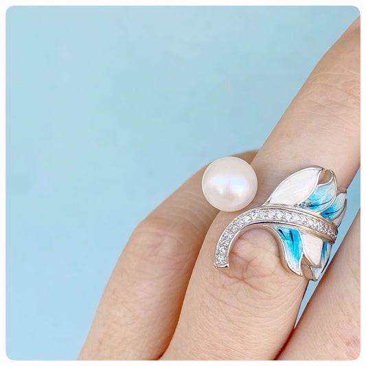 Pearl and Blue Enamel Leaf Ring