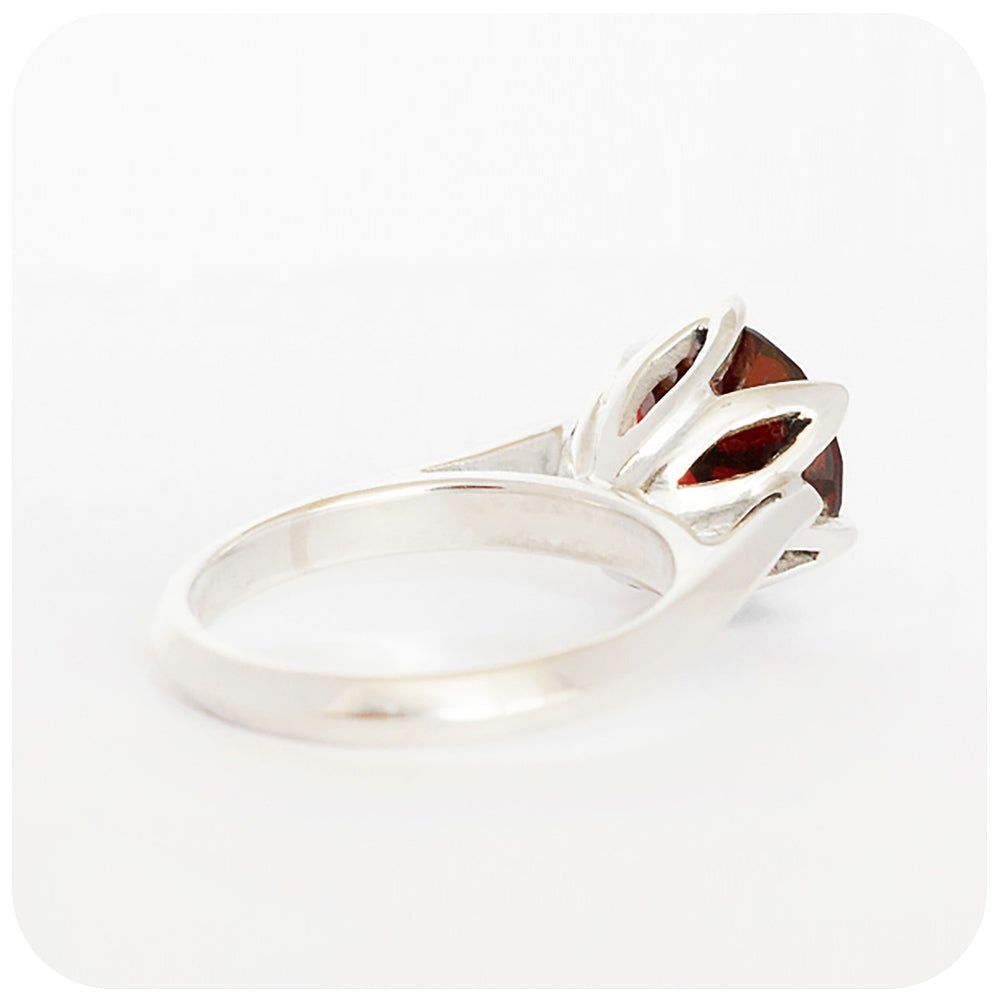 Round cut Garnet, Six Claw Solitaire Ring in Sterling Silver