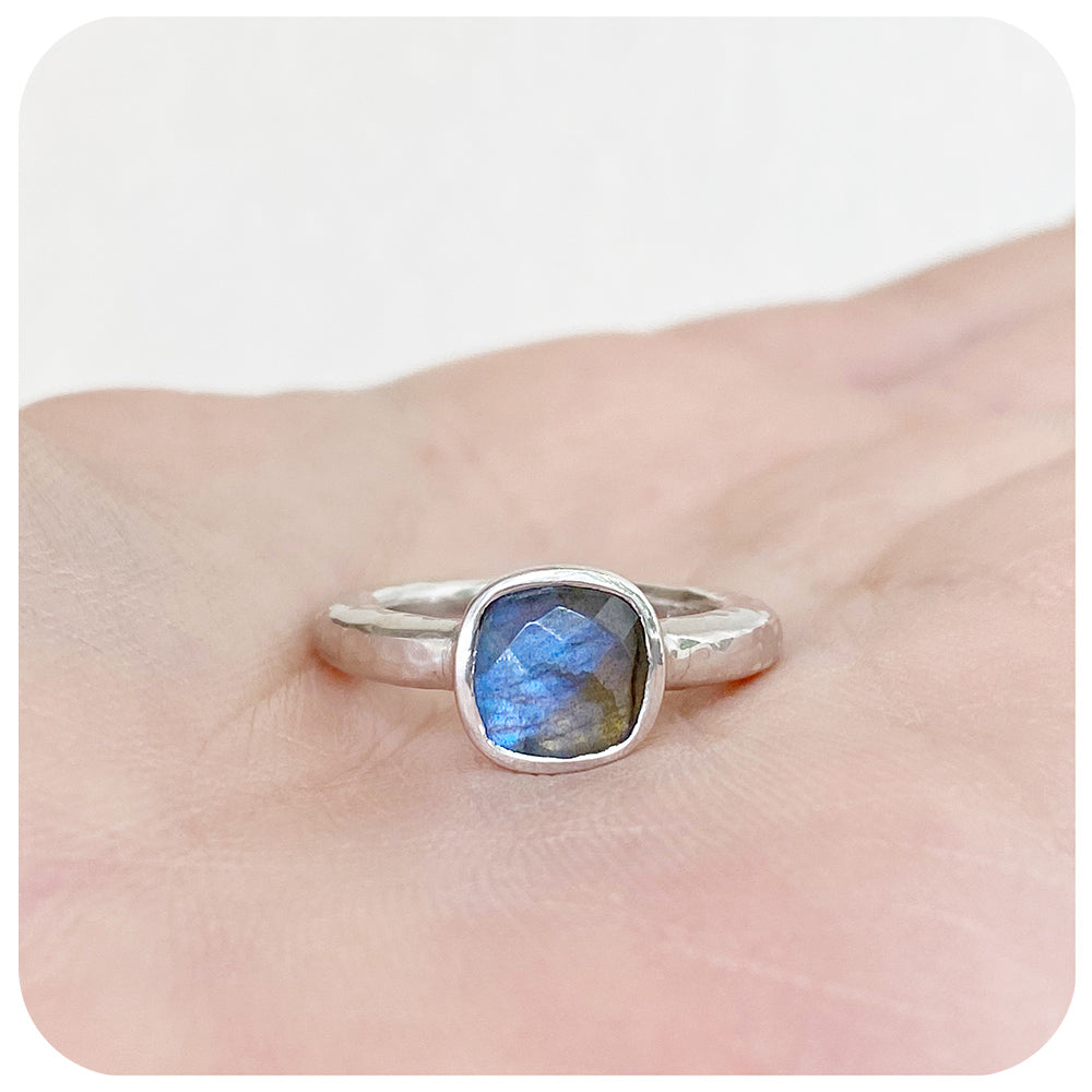 Cushion cut Labradorite Ring in Sterling Silver with a Hammered Band