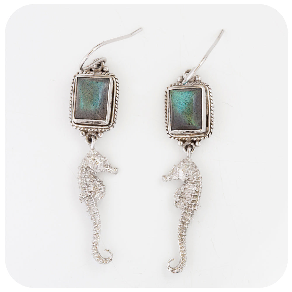 Labradorite and Seahorse Earrings in Sterling Silver