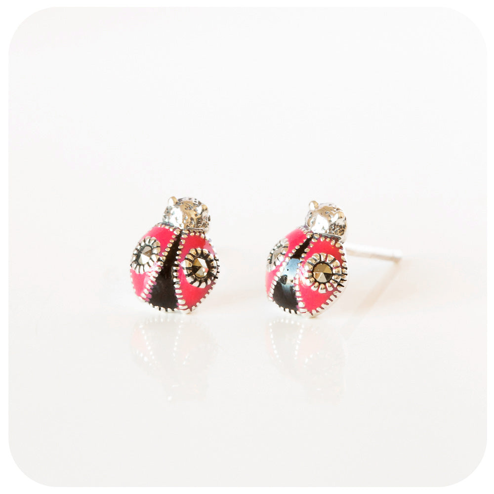 Marcasite and Pink Enamel Ladybird Stud Earring in Sterling Silver