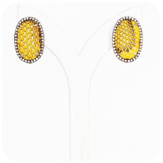 Yellow Leather Earrings with Blackened Silver and Cubic Zirconia