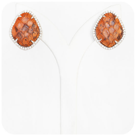 Brown Leather and Cubic Zirconia Stud Earrings