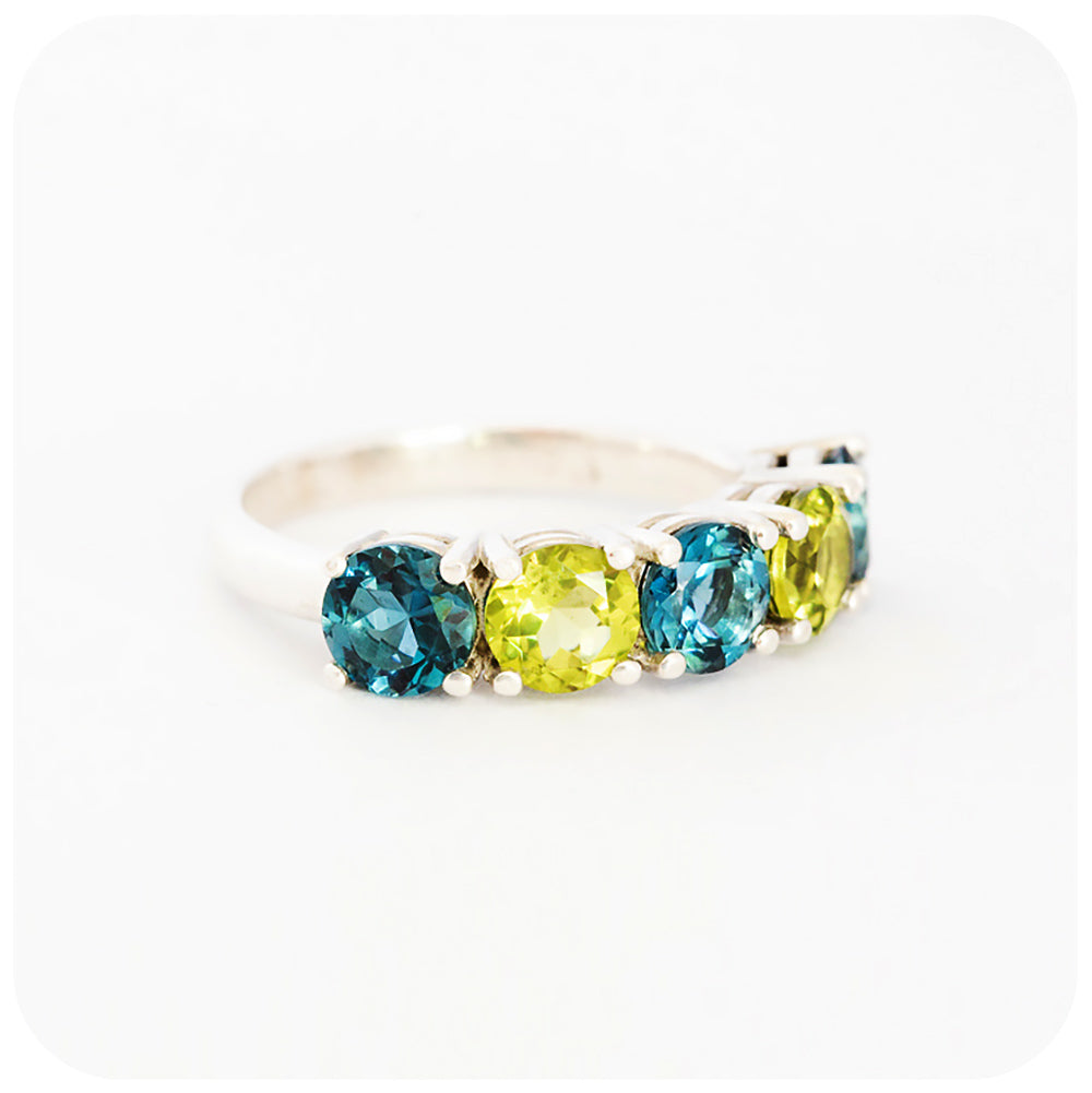 London Blue Topaz and Peridot Half Eternity Ring in Sterling Silver - 5.5mm