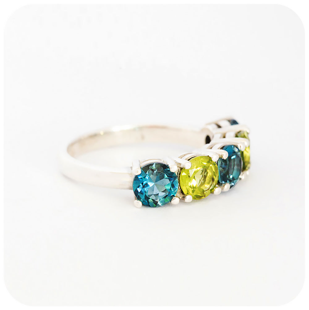 London Blue Topaz and Peridot Half Eternity Ring in Sterling Silver - 5.5mm