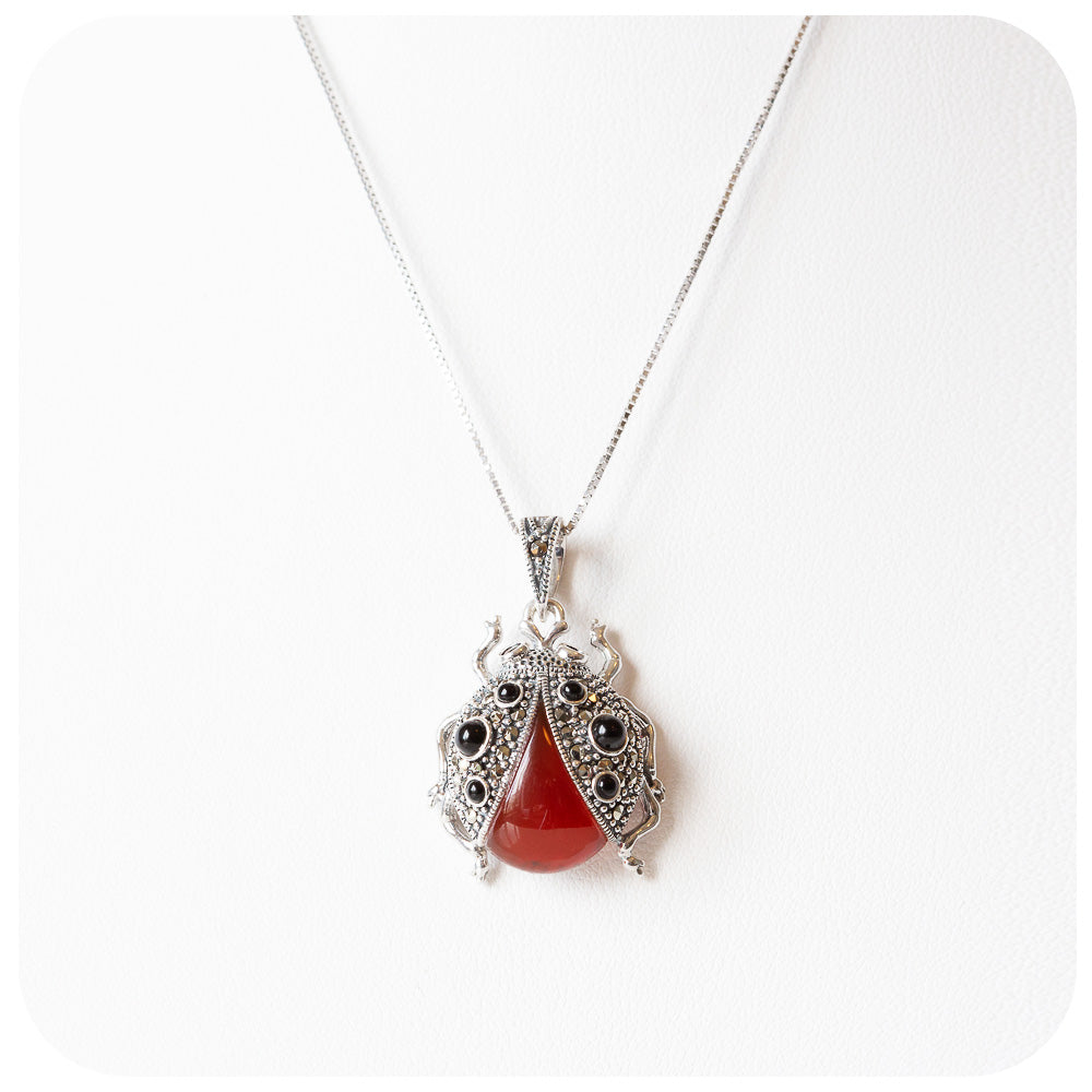 The Ladybird, Agate and Garnet Pendant and Chain in Sterling Silver