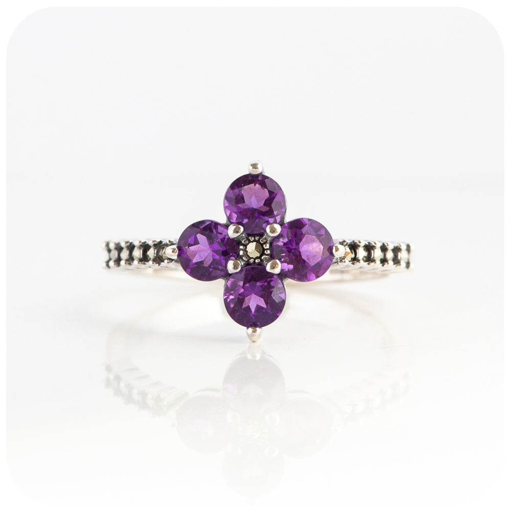 Amethyst and Marcasite Flower Ring in Sterling Silver