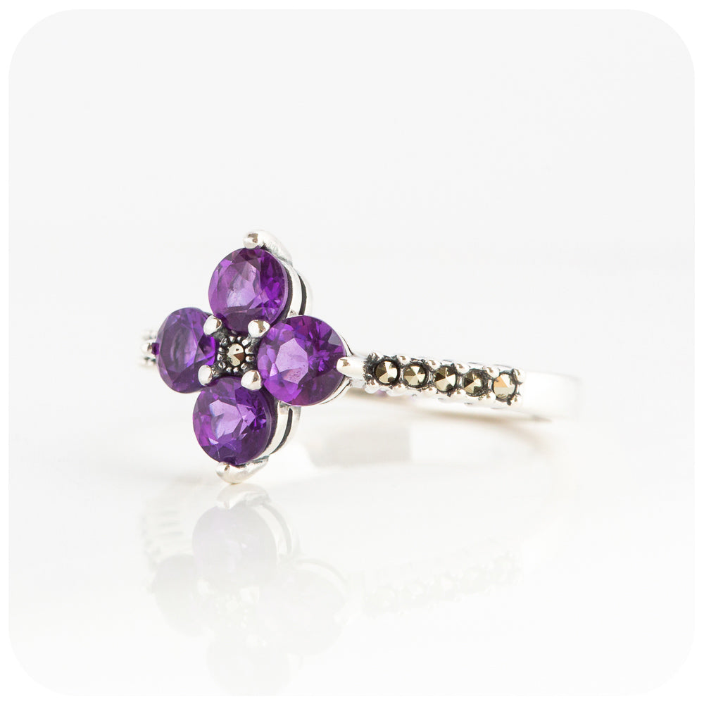 Amethyst and Marcasite Flower Ring in Sterling Silver