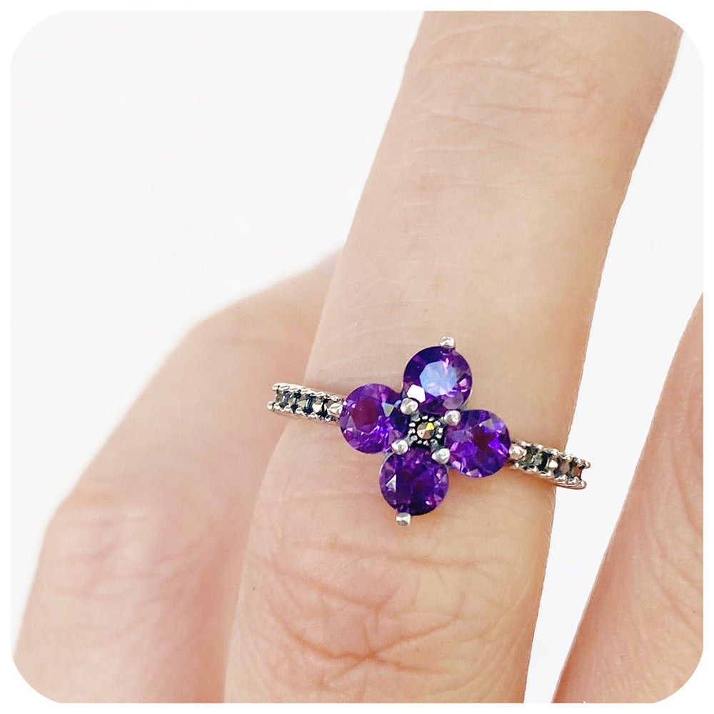 Amethyst and Marcasite Flower Ring in Sterling Silver