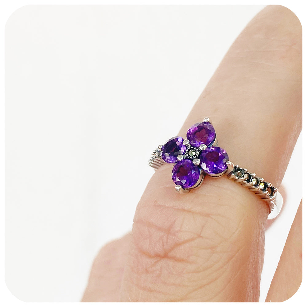 Amethyst and Marcasite Flower Ring in Sterling Silver