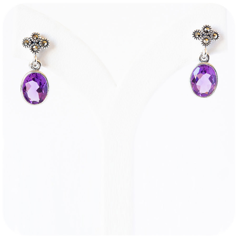 The Petite Drop, Amethyst and Marcasite Earrings in Sterling Silver