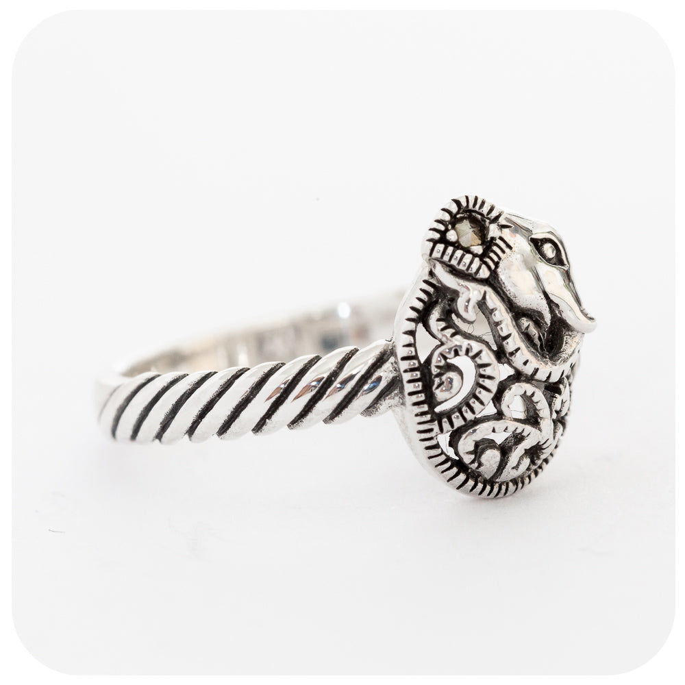 Cradled Elephant Ring in Sterling Silver with Filigree Detail