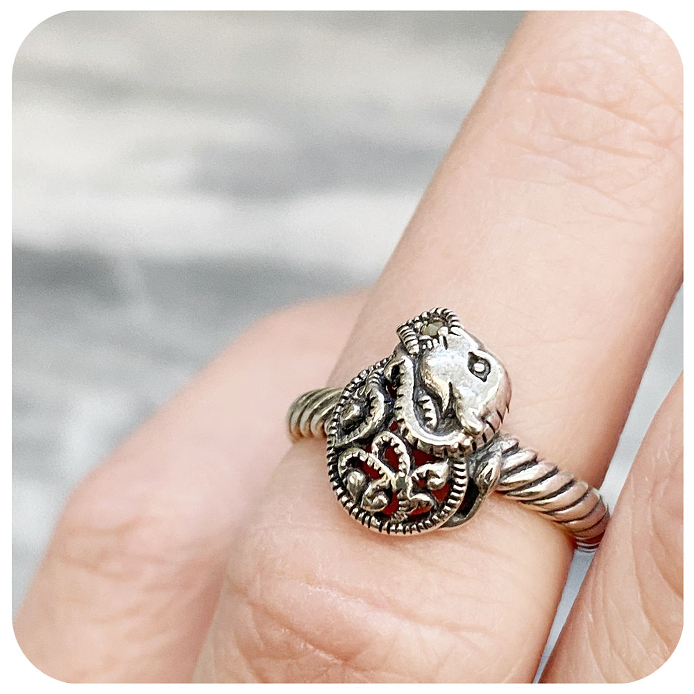 Cradled Elephant Ring in Sterling Silver with Filigree Detail