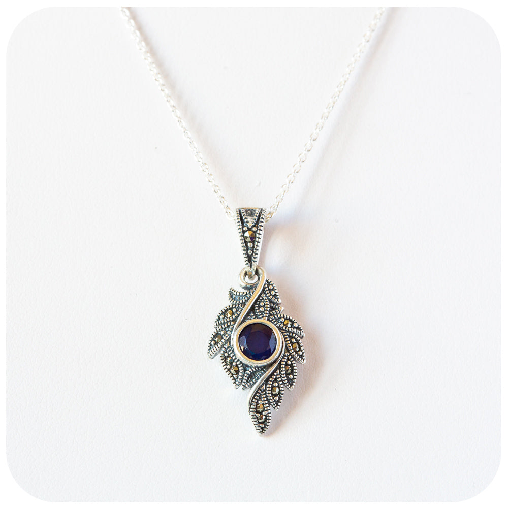 The Leaf, Sapphire and Marcasite Pendant