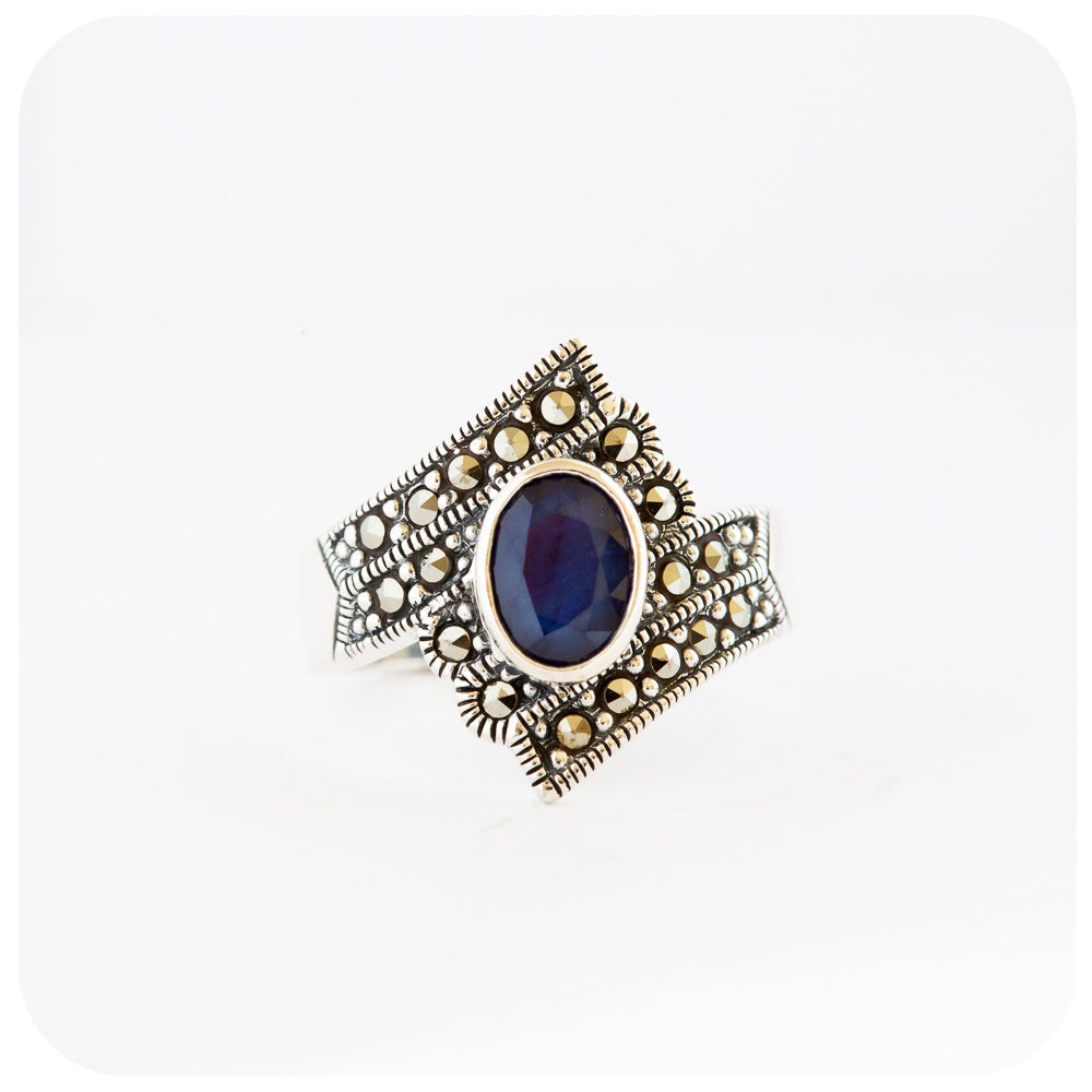 The Victorian Oval cut Blue Sapphire and Marcasite Ring in Sterling Silver
