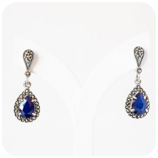 Pear cut Blue Sapphire Drop Earrings in Sterling Silver