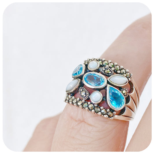 Swiss Blue Topaz and Mother of Pearl Ring
