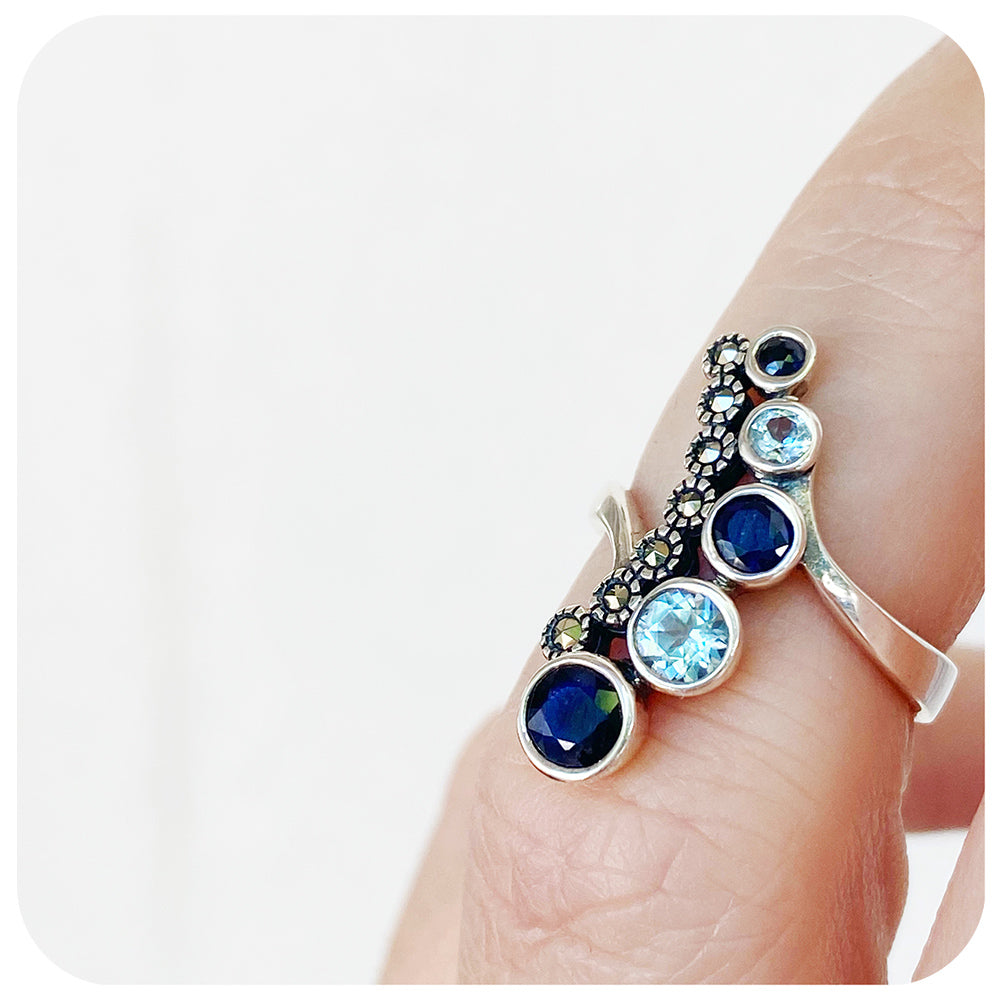 Sapphire and Topaz Ring in Sterling Silver with Marcasite