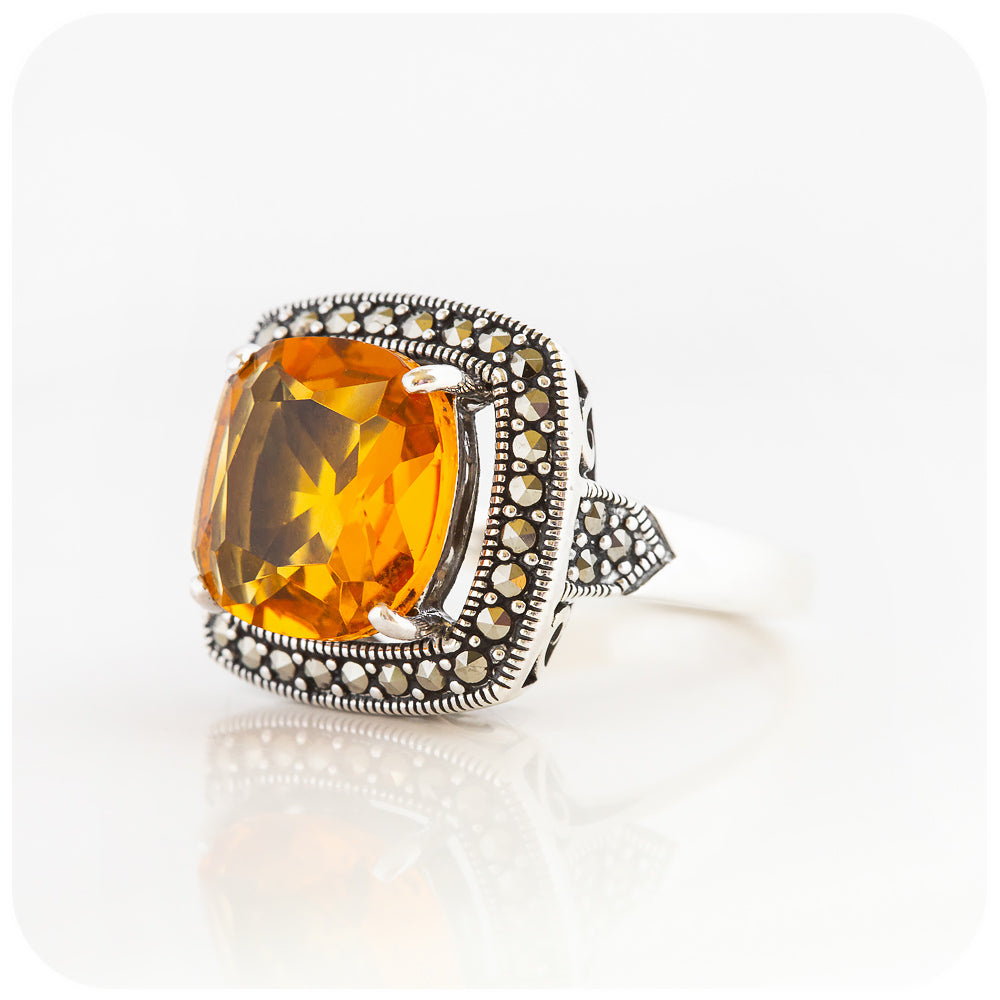 Cushion cut Citrine and Marcasite Ring in Sterling Silver