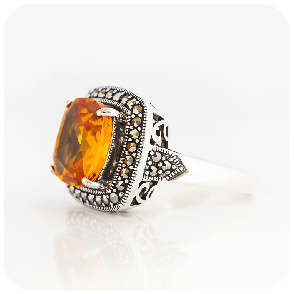 Cushion cut Citrine and Marcasite Ring in Sterling Silver