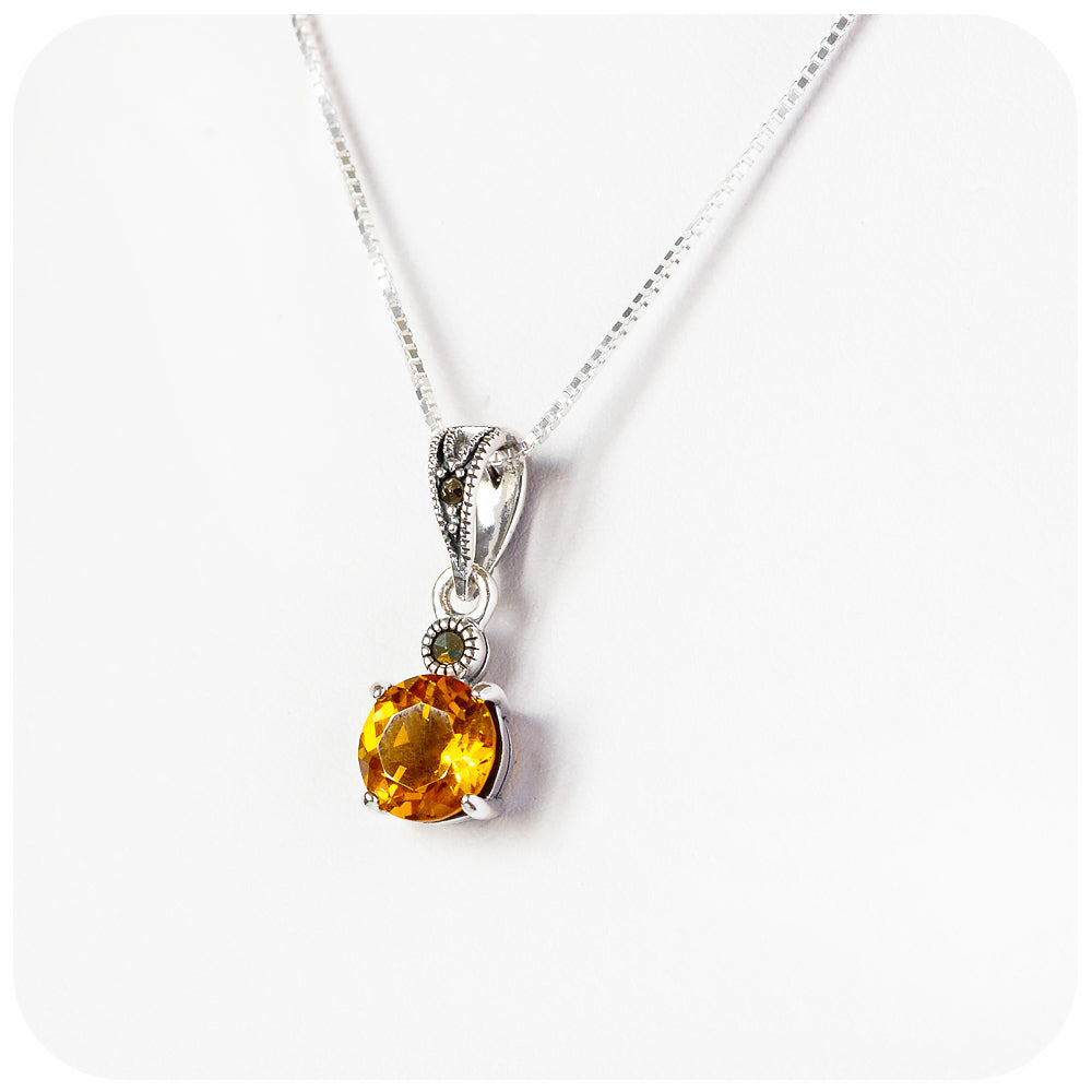 Round cut Citrine and Marcasite Pendant in Sterling Silver