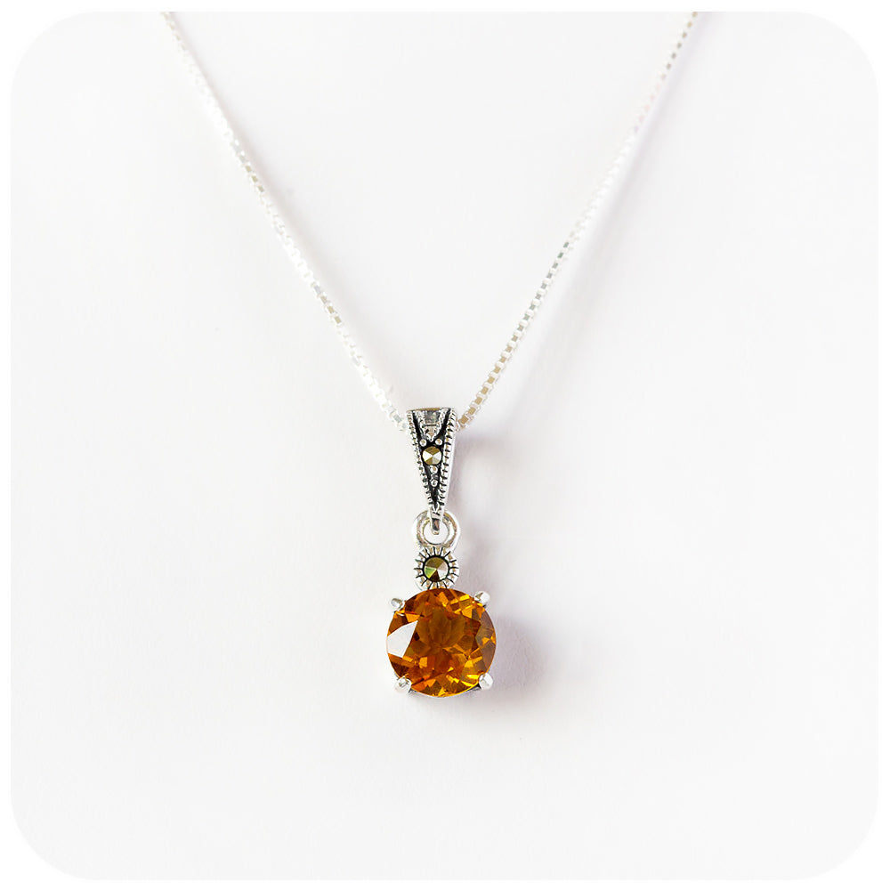 Round cut Citrine and Marcasite Pendant in Sterling Silver