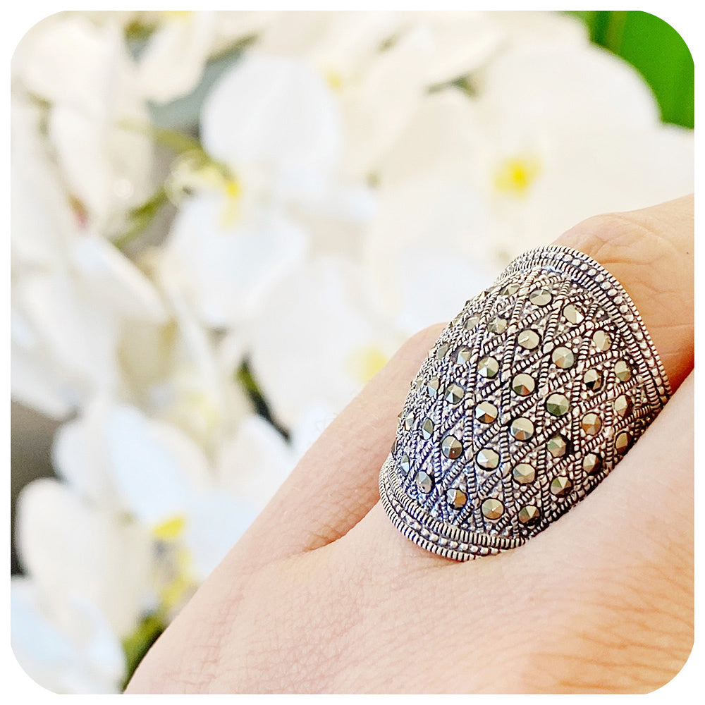Oversized dome shaped ring with marcasite gemstones - Victoria's Jewellery