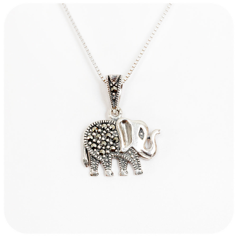 Sterling Silver Elephant Pendant and Chain with Marcasite Detail - Victoria's Jewellery