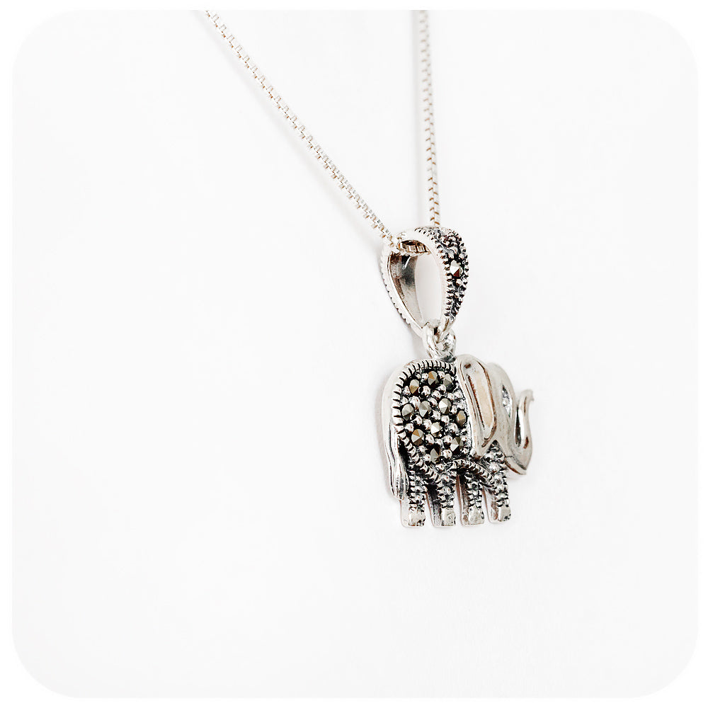 Sterling Silver Elephant Pendant and Chain with Marcasite Detail - Victoria's Jewellery