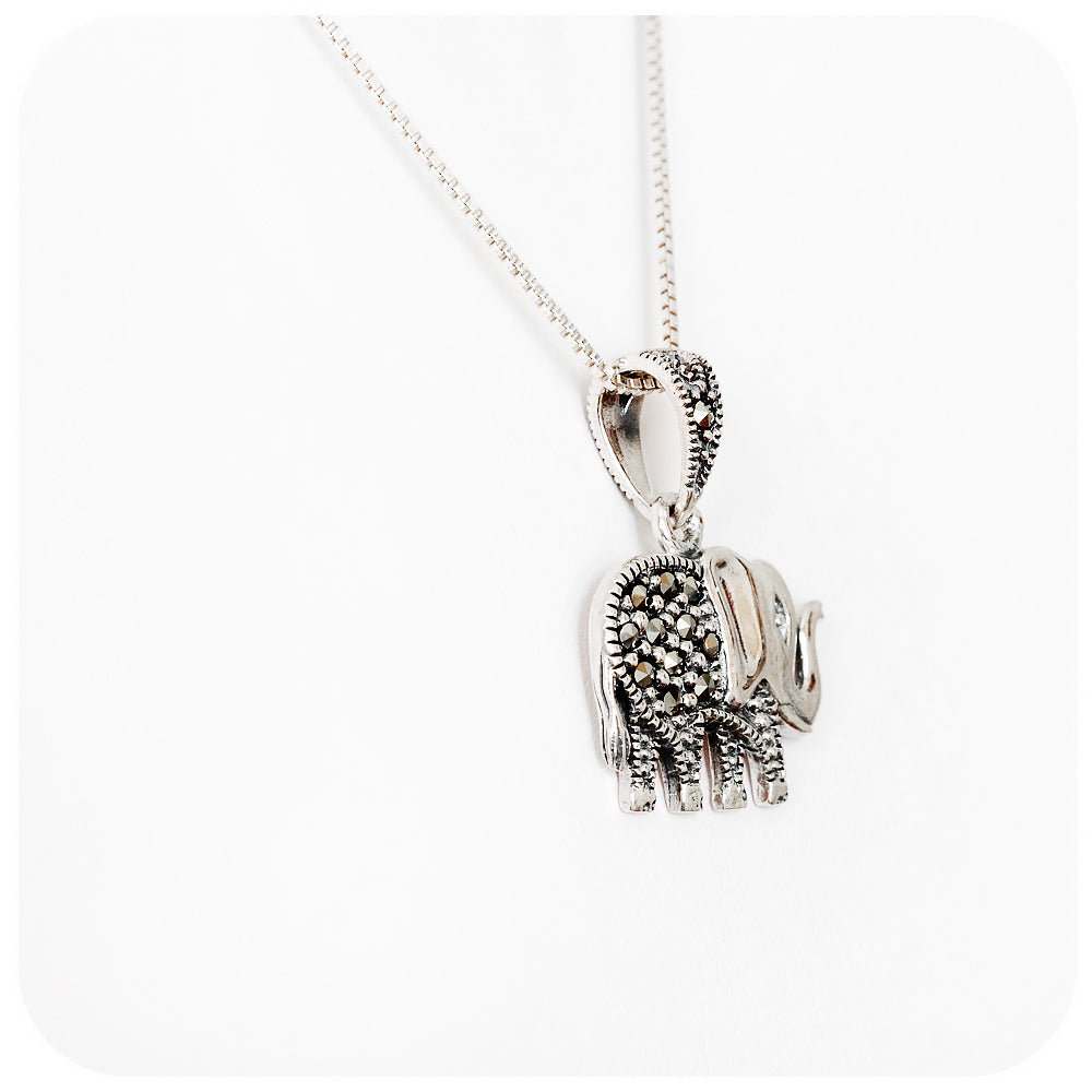 Sterling Silver Elephant Pendant and Chain with Marcasite Detail - Victoria's Jewellery