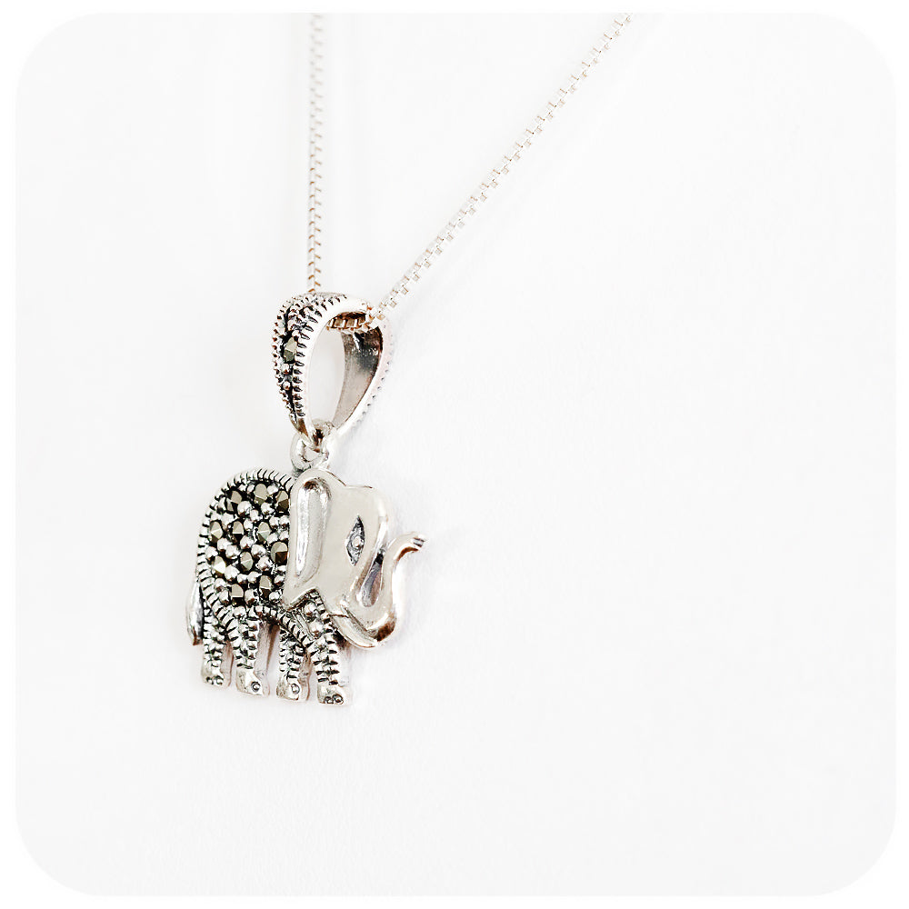 Sterling Silver Elephant Pendant and Chain with Marcasite Detail - Victoria's Jewellery