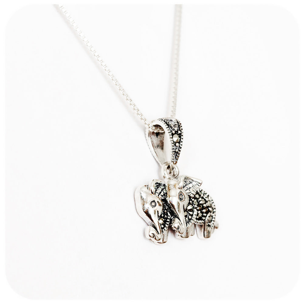 Twin Elephants Pendant and Chain with Marcasite in Sterling Silver - Victoria's Jewellery