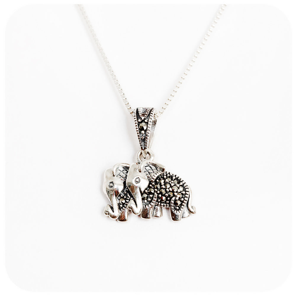 Twin Elephants Pendant and Chain with Marcasite in Sterling Silver - Victoria's Jewellery