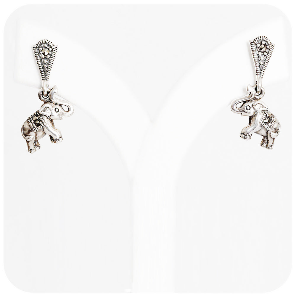 Dangling Elephant Earrings in Sterling Silver with Marcasite Stones - Victoria's Jewellery