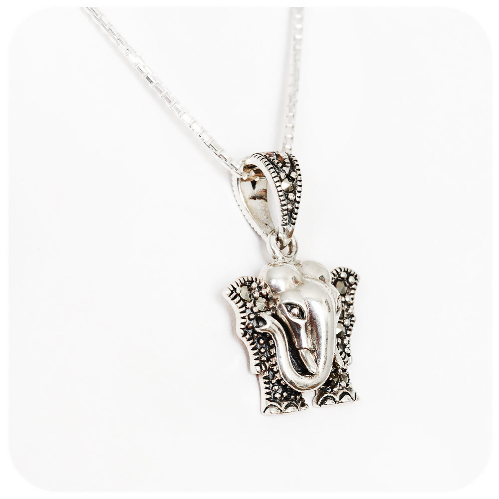 Sterling Silver Elephant Pendant and Chain with Marcasite Detail - Victoria's Jewellery