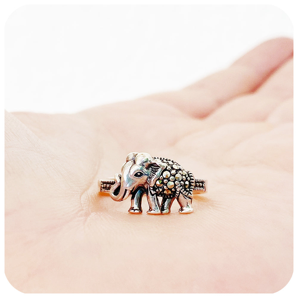 Sterling silver elephant ring with marcasite gemstones - Victoria's Jewellery