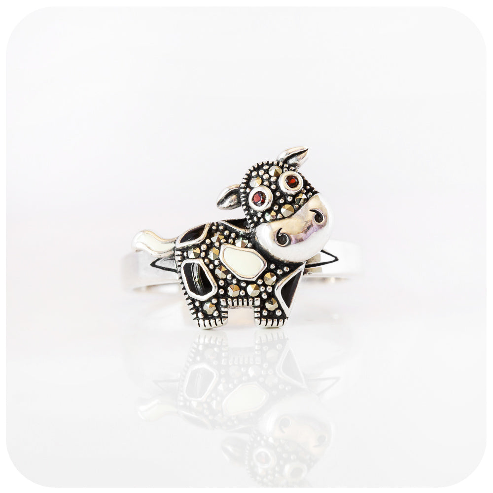 Black and White Cow Ring in Sterling Silver