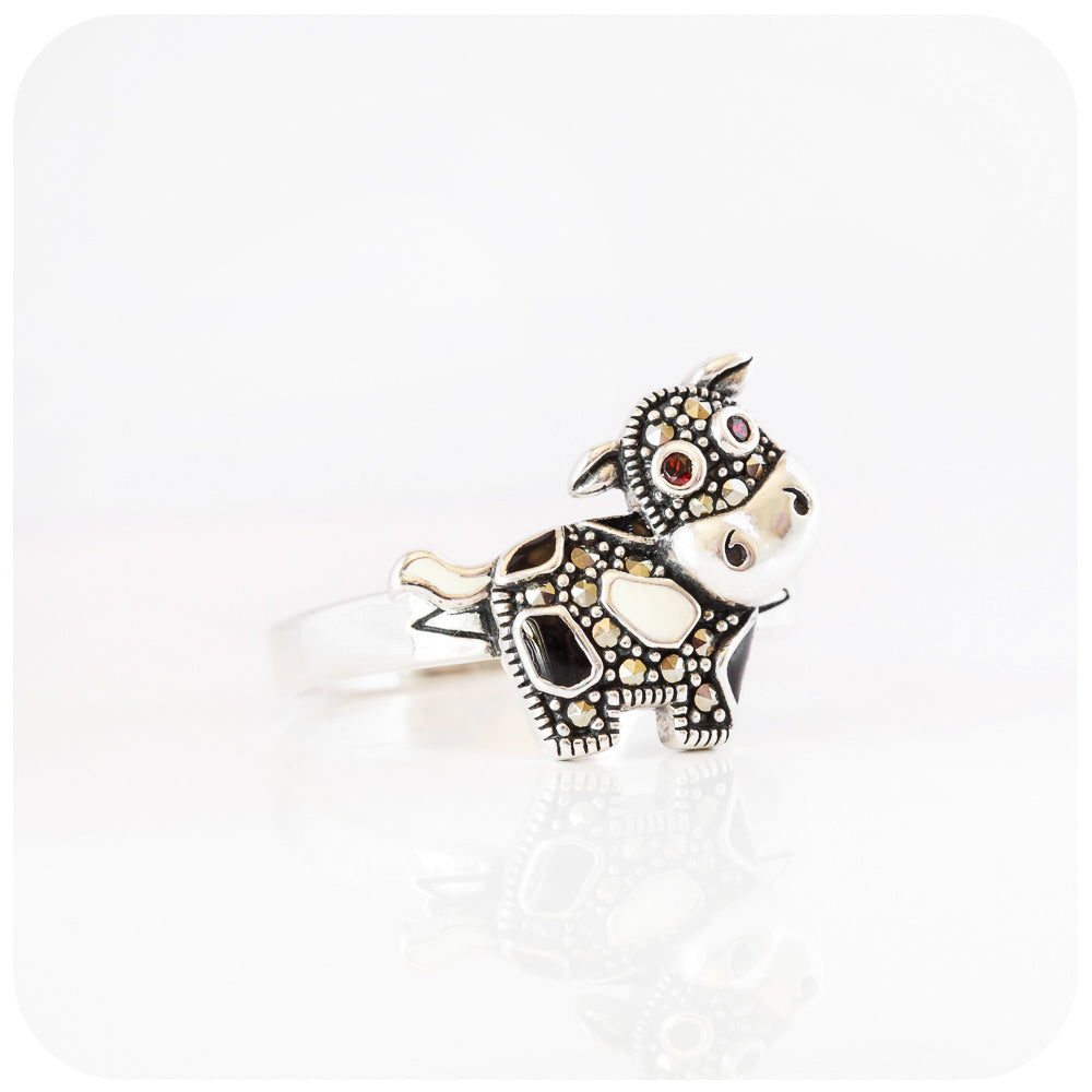 Black and White Cow Ring in Sterling Silver