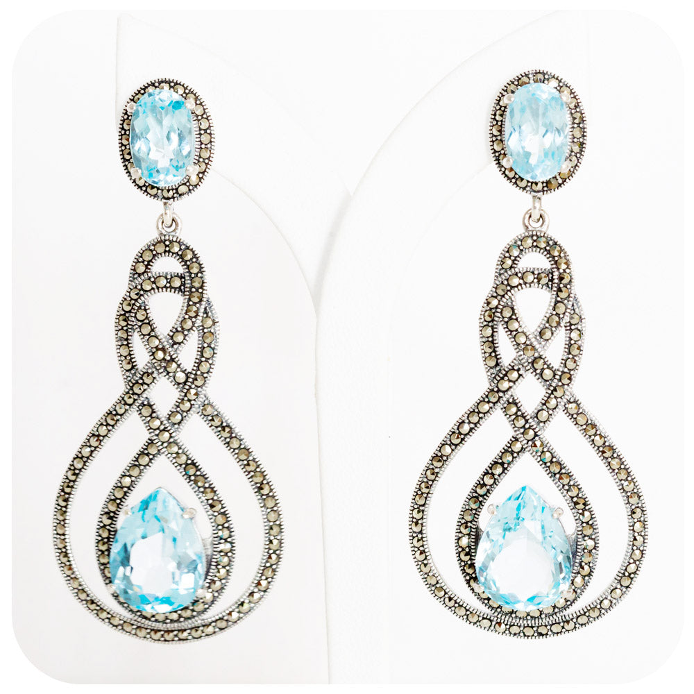 The Double Infinity, Blue Topaz and Marcasite Chandelier Earrings in Sterling Silver