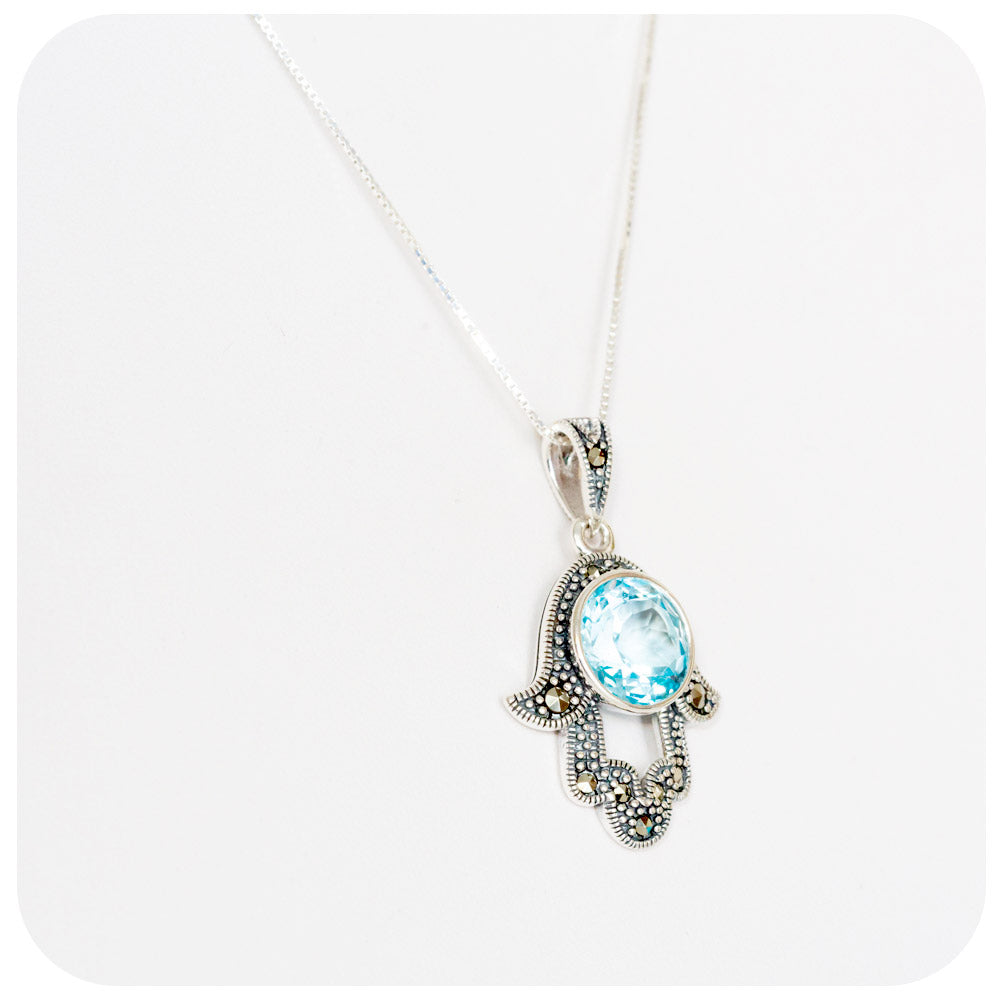 The Hamsa, Sky Blue Topaz and Marcasite Pendant and Chain in Sterling Silver