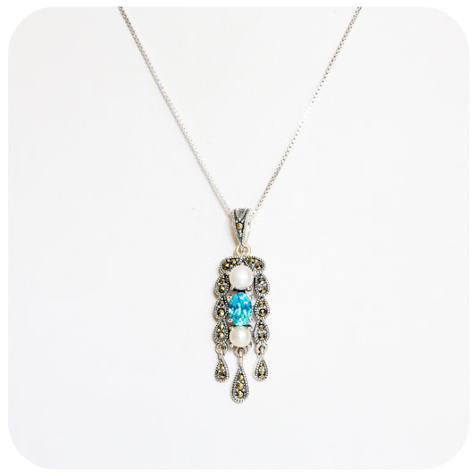 Swiss Blue Topaz, Pearl and Marcasite Chandelier Vintage Pendant - Victoria's Jewellery