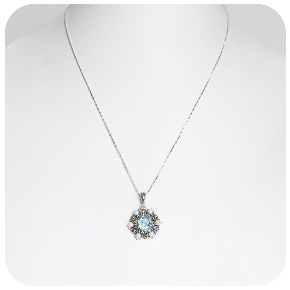 Vintage Inspired Blue Topaz and Fresh Water Pearl Pendant and Chain in Sterling Silver