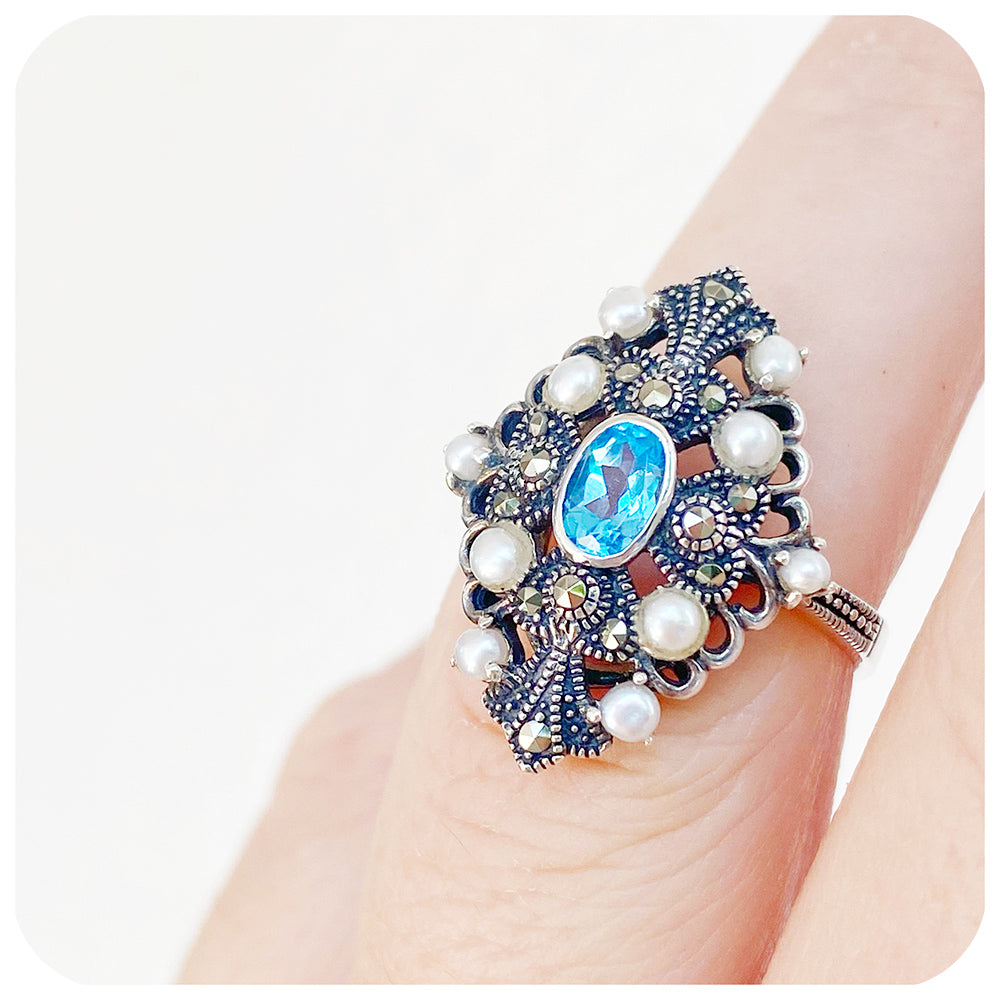 Swiss Blue Topaz and Pearl Ring with Marcasite