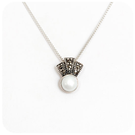 Fresh Water Pearl with Marcasite Crown Pendant in Sterling Silver with Chain - Victoria's Jewellery
