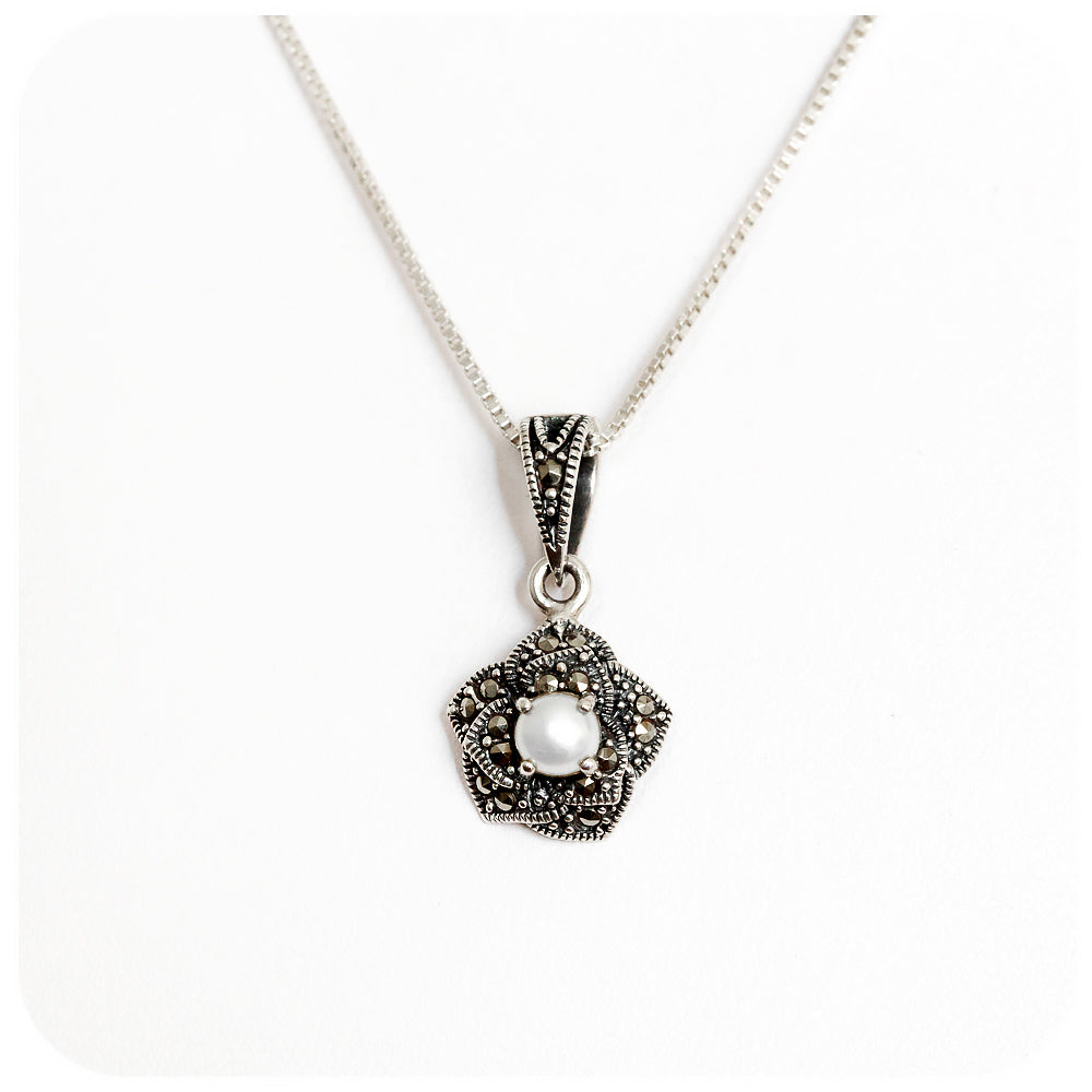 Fresh Water Pearl and Marcasite Flower Pendant and Chain in Sterling Silver - Victoria's Jewellery