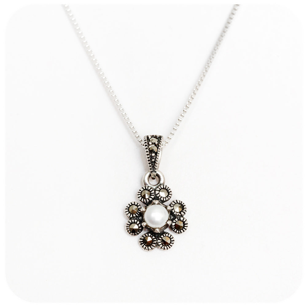 Fresh Water Pearl and Marcasite Four Leaf Clover Pendant in Sterling Silver with Chain - Victoria's Jewellery