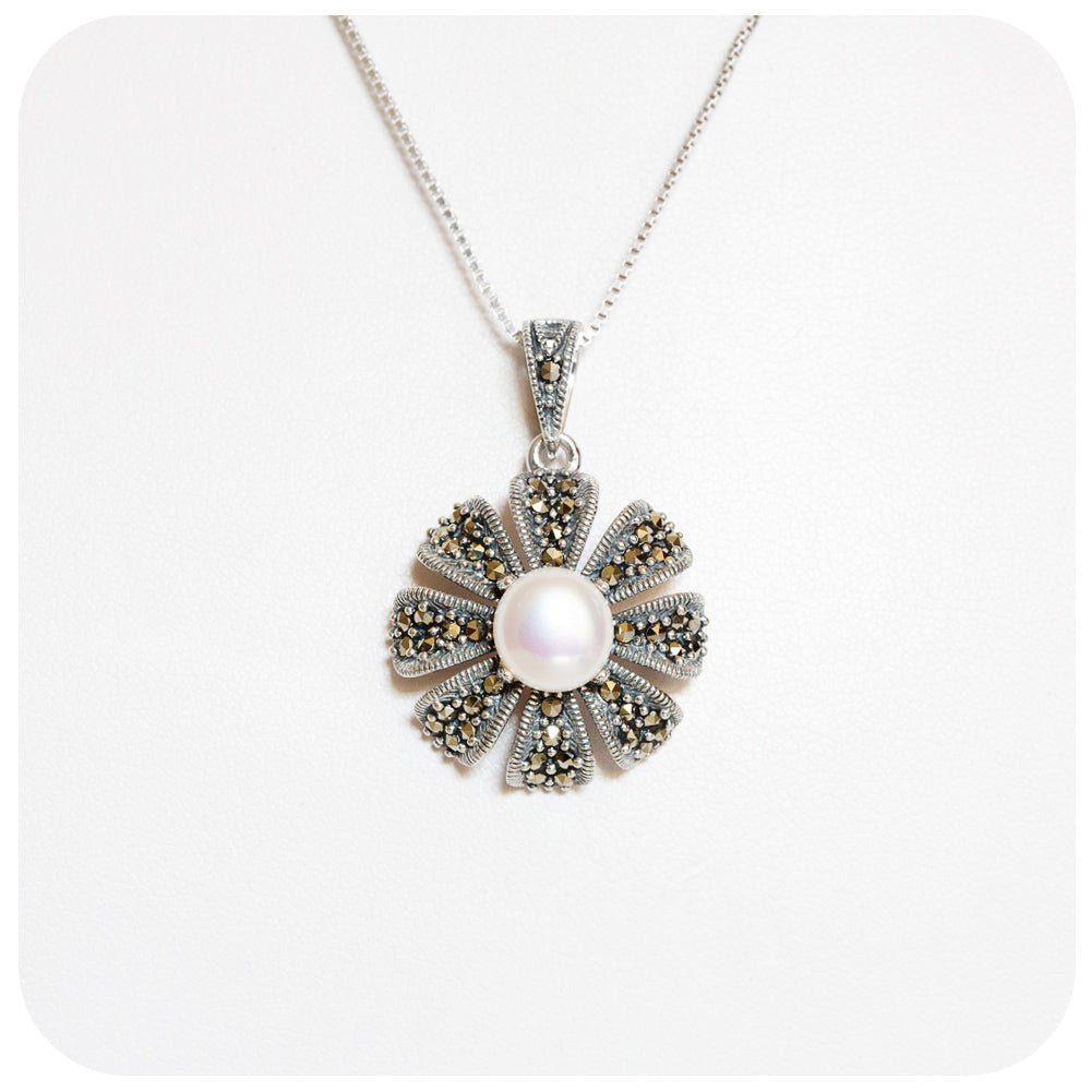 White Fresh Water Pearl and Marcasite Flower Pendant and Chain in Sterling Silver