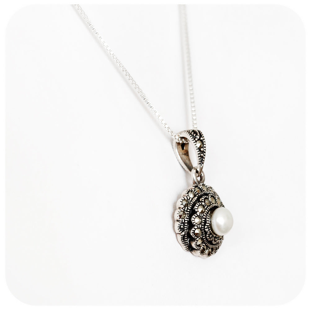 Fresh Water Pearl and Marcasite Pendant and Chain in Sterling Silver - Victoria's Jewellery