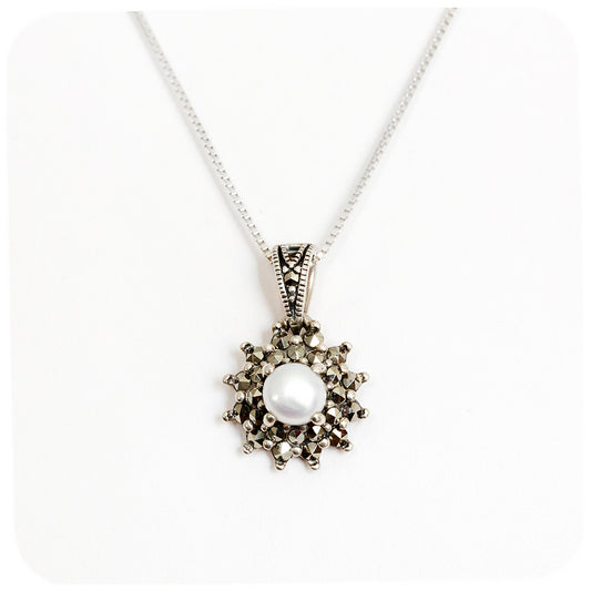 Fresh Water Pearl and Marcasite Starburst Pendant and Chain in Sterling Silver - Victoria's Jewellery